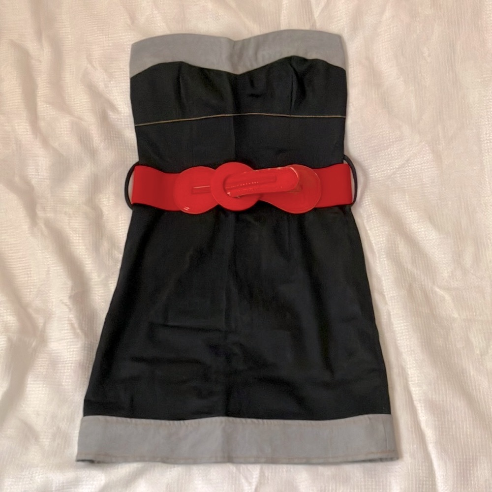 Dark blue denim strapless dress with belt